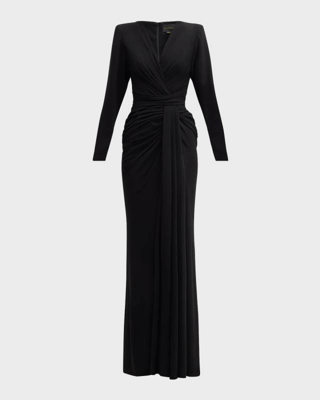 V-Neck Strong-Shoulder Draped Cady Long-Sleeve Gown